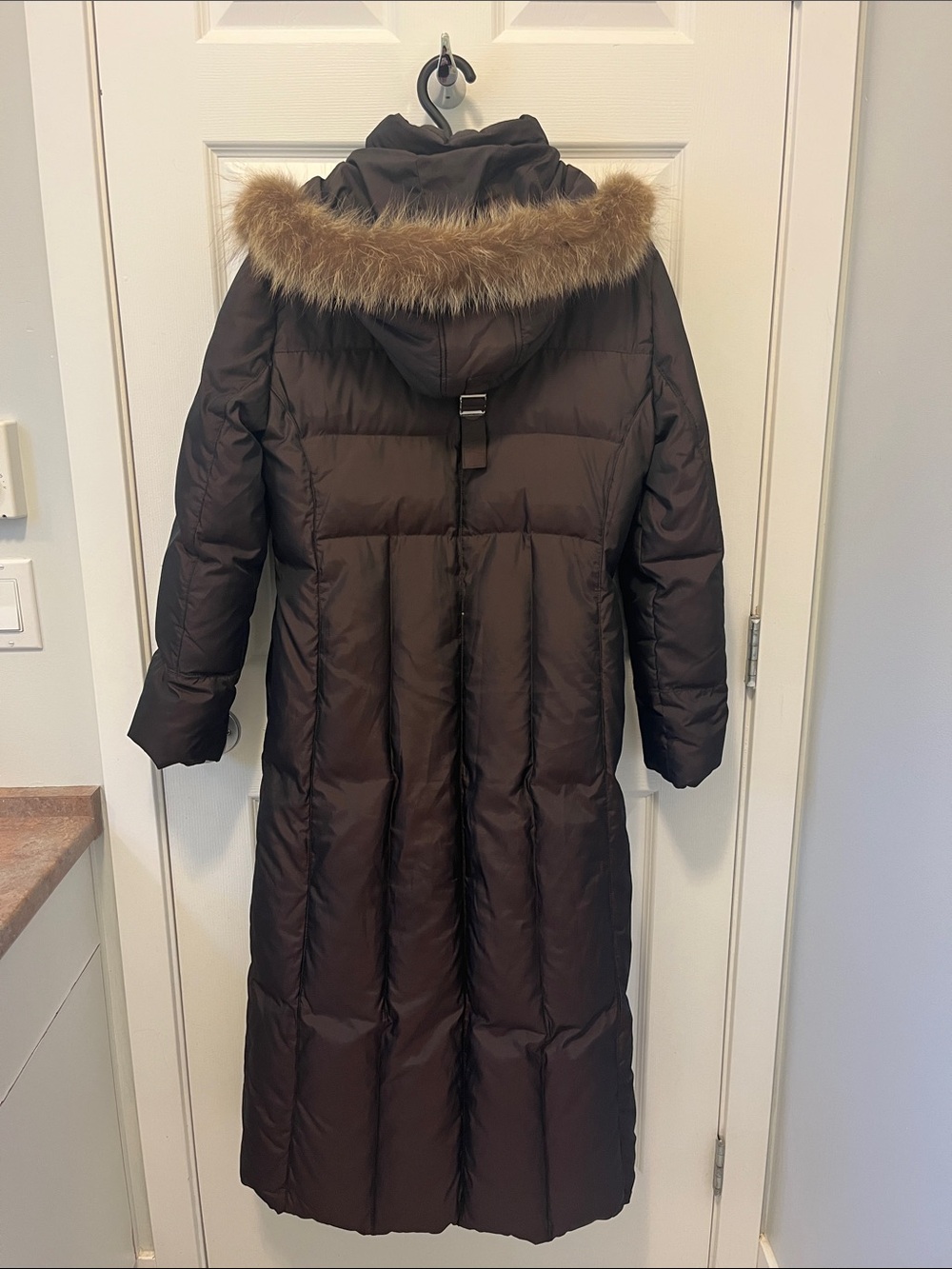 Micheal Kors Long Brown Puffer Coat with removable Racoon Fur Hood